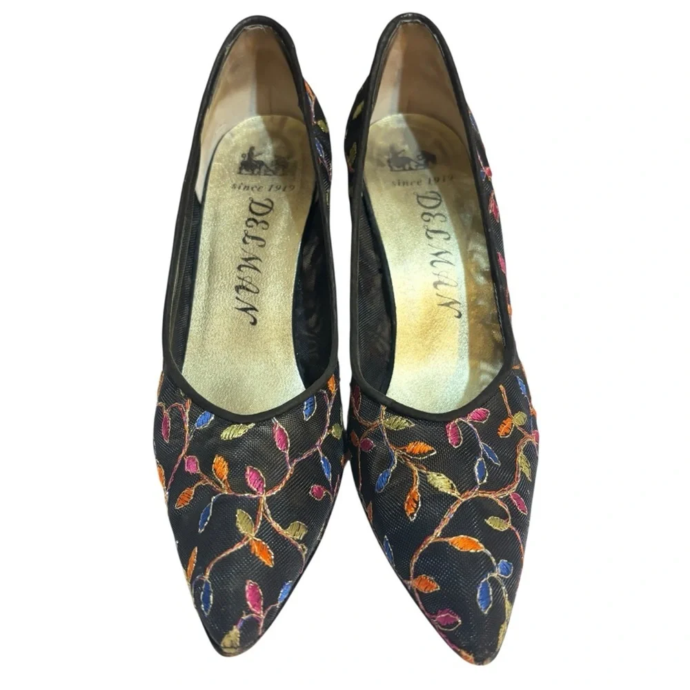 Delman heels black pointy toe mesh embroidered multicolor vines pumps size 6